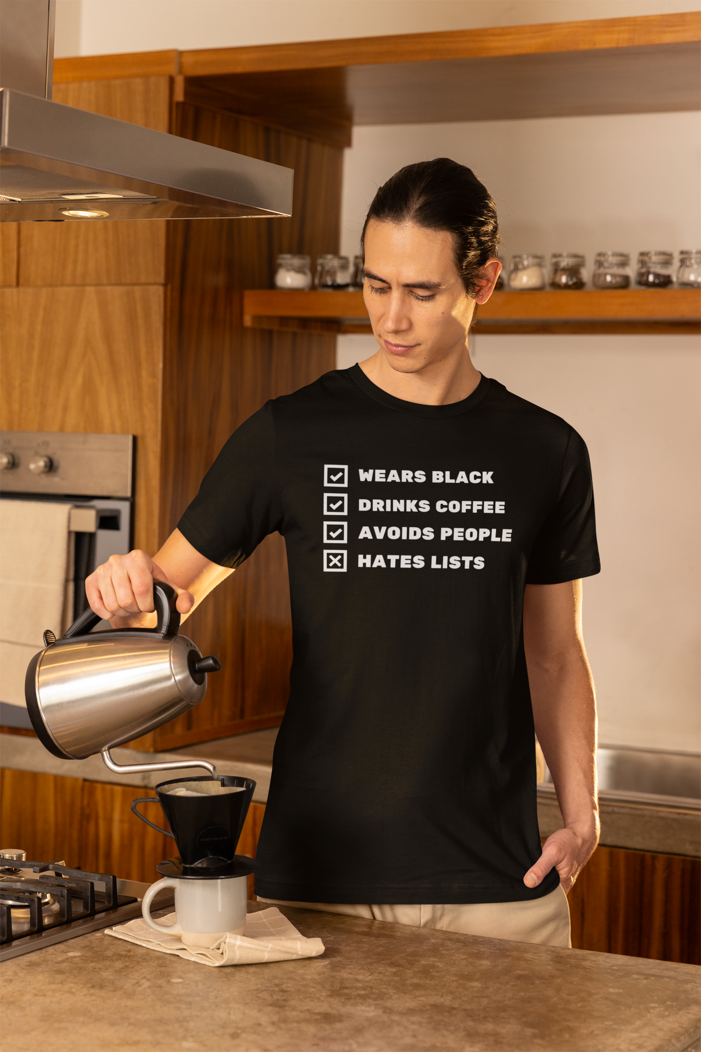 Funny Coffee Lover T-Shirt | "Wears Black, Drinks Coffee, Avoids People, Hates Lists" Checklist Tee
