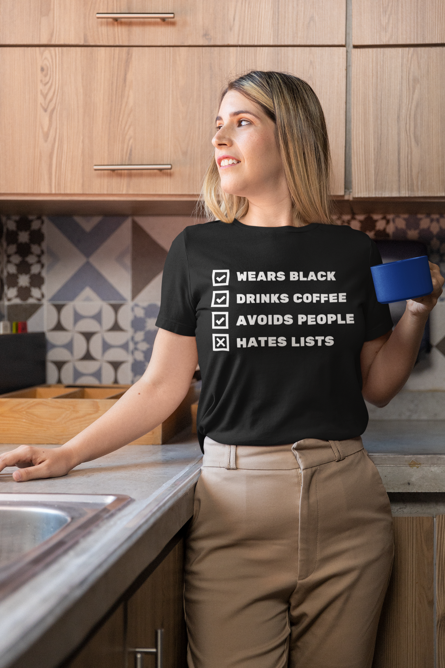 Funny Coffee Lover T-Shirt | "Wears Black, Drinks Coffee, Avoids People, Hates Lists" Checklist Tee