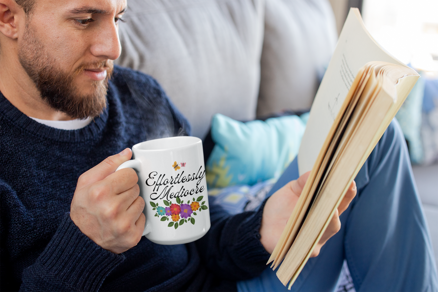 Effortlessly Mediocre Ceramic Coffee Mug - Funny Sarcastic Gift Mug with Floral Design(11oz, 15oz)