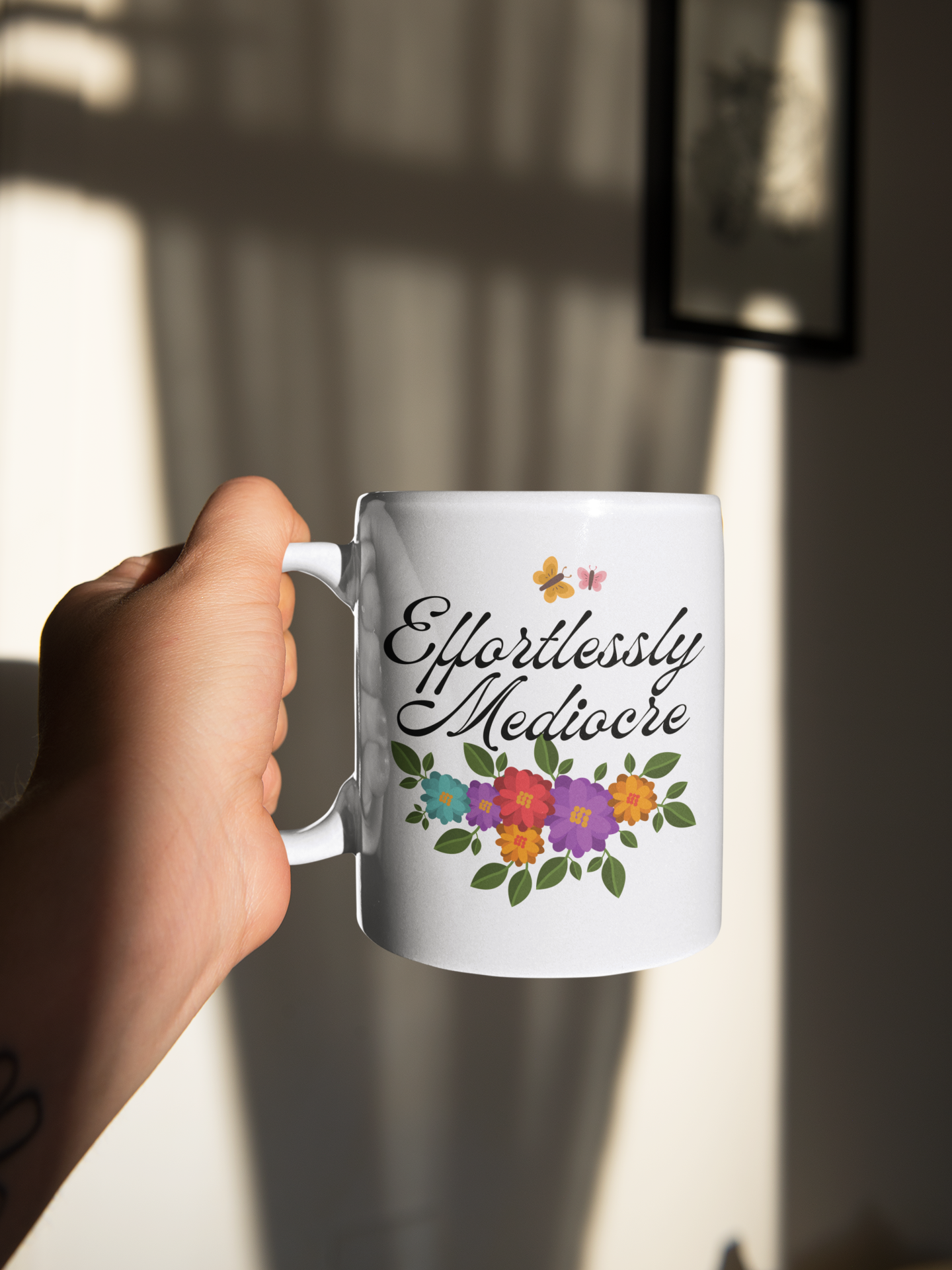 Effortlessly Mediocre Ceramic Coffee Mug - Funny Sarcastic Gift Mug with Floral Design(11oz, 15oz)